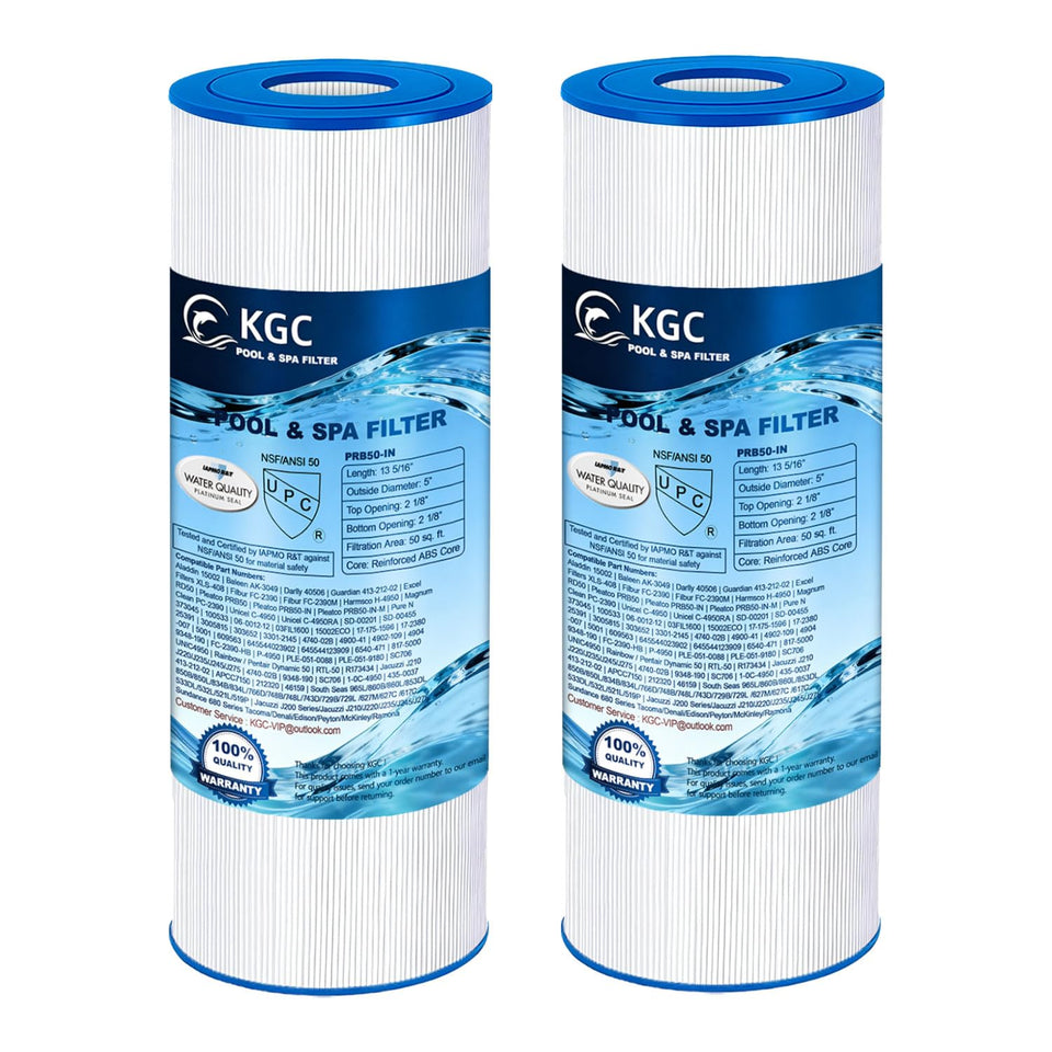 KGC PRB50-IN hot tub filter front view showing fitment and filtration details.