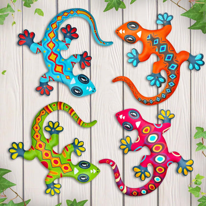 Kggetr metal gecko wall art four colorful lizards on wall for outdoor decor.
