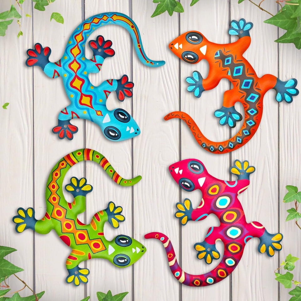 Kggetr metal gecko wall art four colorful lizards on wall for outdoor decor.