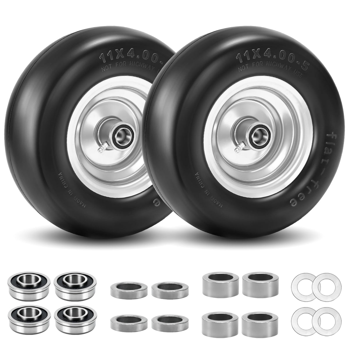 KGOJOY 11x4-5 flat-free tire front view for zero-turn mowers with smooth tread.