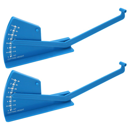 KH866 deck leveling gauge close-up shows precise blade height adjustment for an even cut.