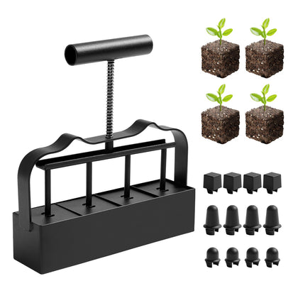 KHAMAL soil blocker in 4-in-press mode producing four blocks for consistent starting