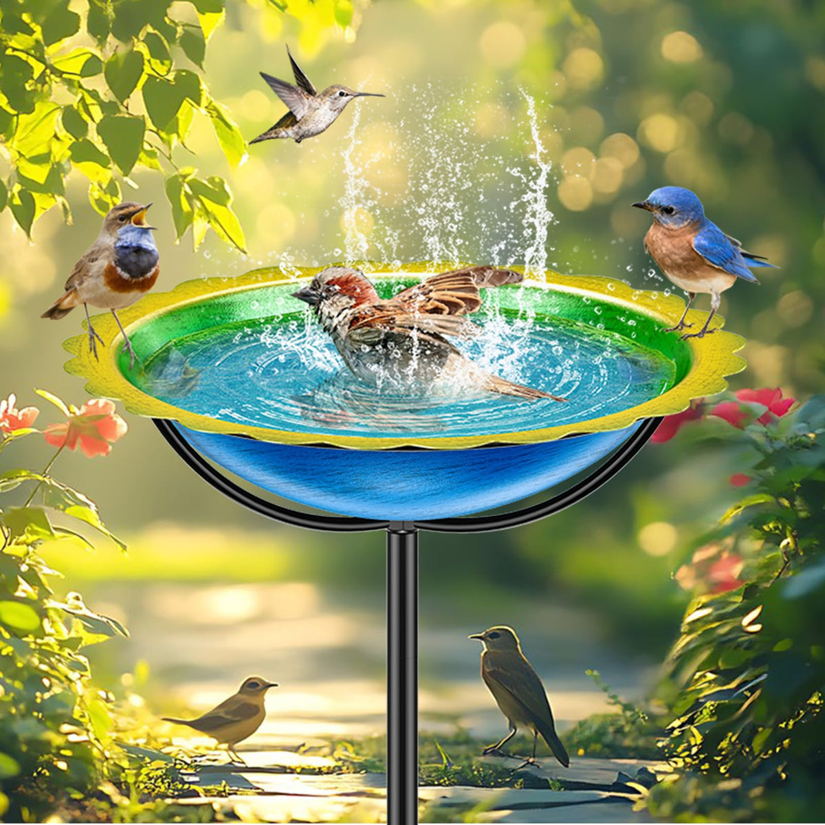 KHayRovies metal bird bath in blue-yellow with a stable four-prong base for outdoor stability