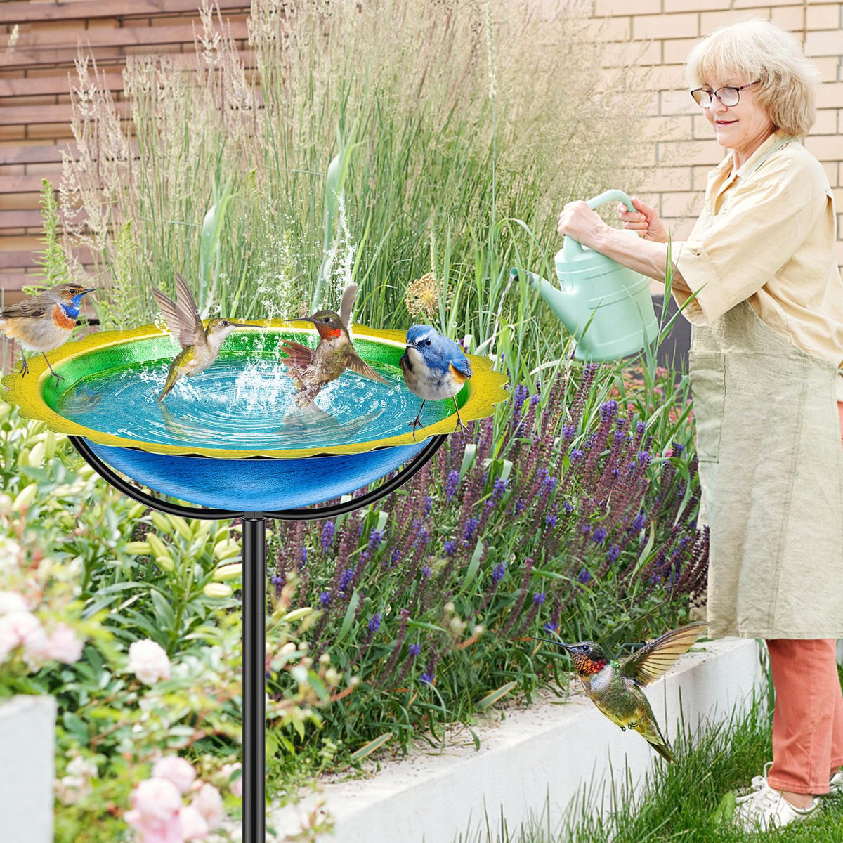 KHayRovies outdoor bird bath on a blue-yellow garden scene ready for birds