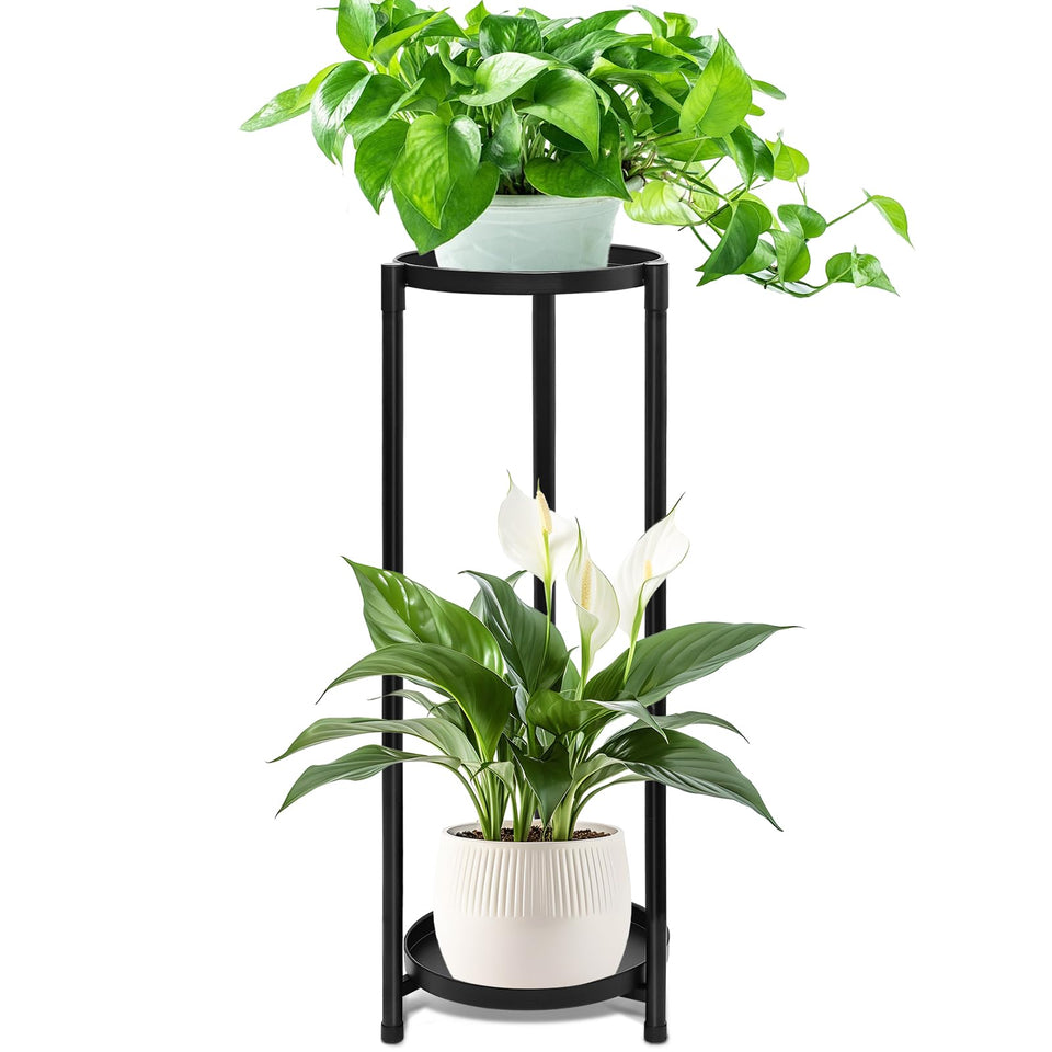 KHayRovies 2-tier corner plant stand in black metal for compact spaces.