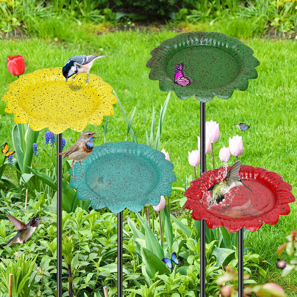 KHayRovies 4P red bird bath with flower motif attracts hummingbirds to the garden.