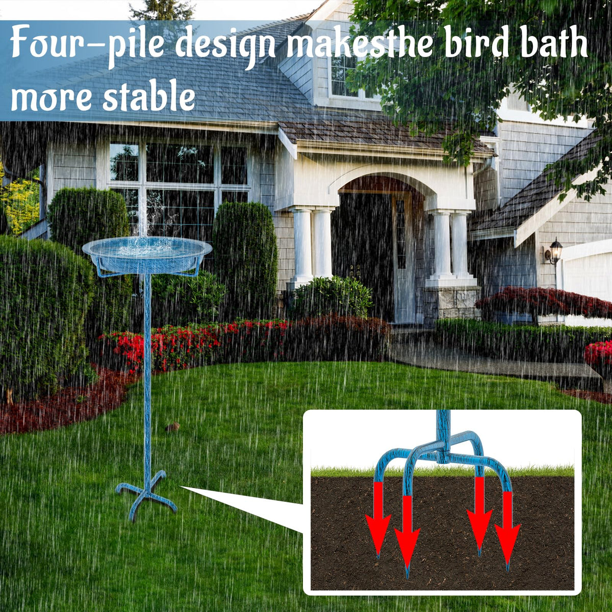 KHayRovies metal bird bath with four-pronged base stays stable in windy yards.