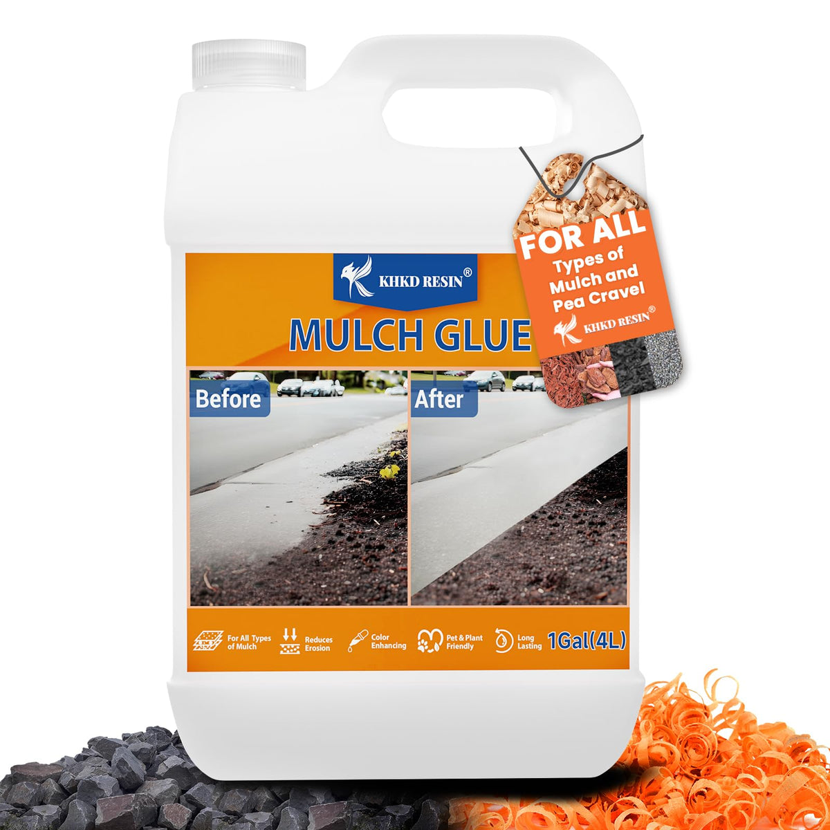 KHKD RESIN mulch glue 1-gallon bottle ready for large landscaping projects.