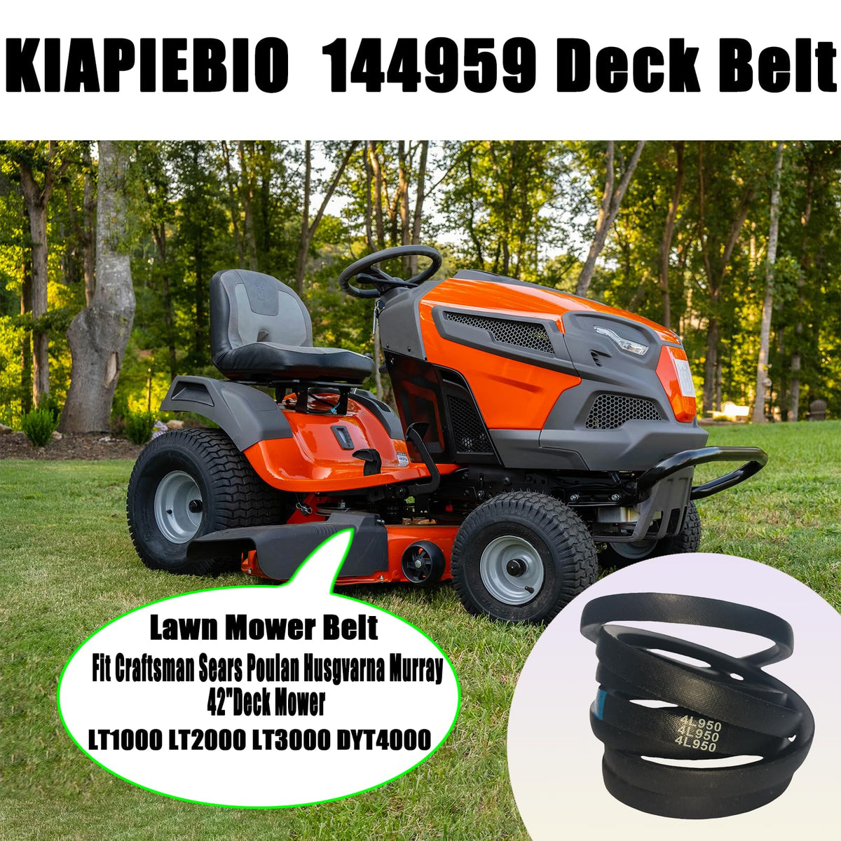 KIAPIEBIO setup-ready belt shown for 42-inch mower deck.