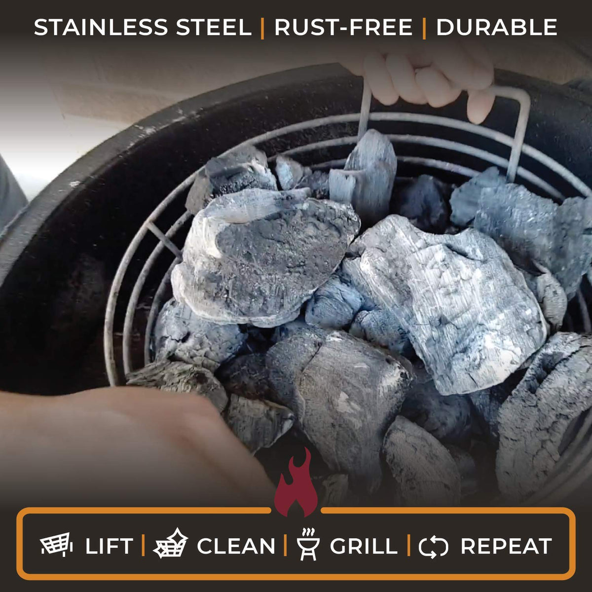 Kick Ash Basket close-up highlights durable electropolished stainless steel construction.