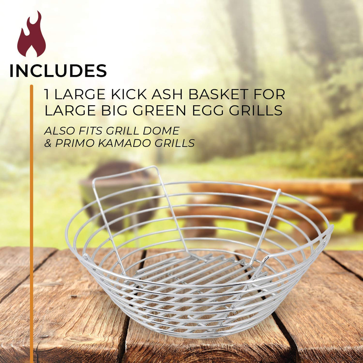 Kick Ash Basket illustrates aerated coals for better airflow and even heat.