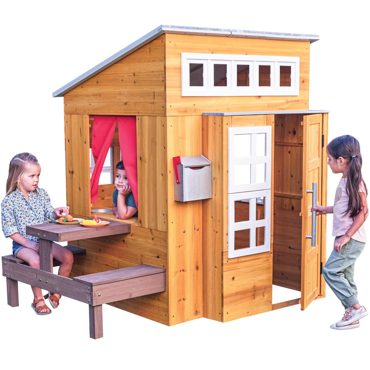 KidKraft Modern Playhouse outdoors shows sturdy wooden structure for durable backyard play.