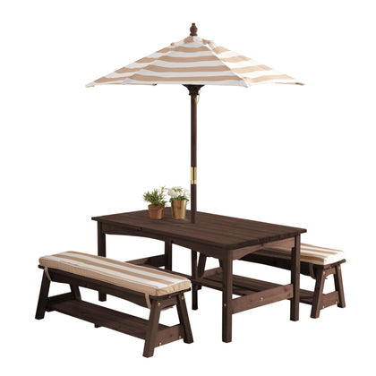 KidKraft outdoor table and bench set in espresso finish with oatmealy cushions for outdoor meals.