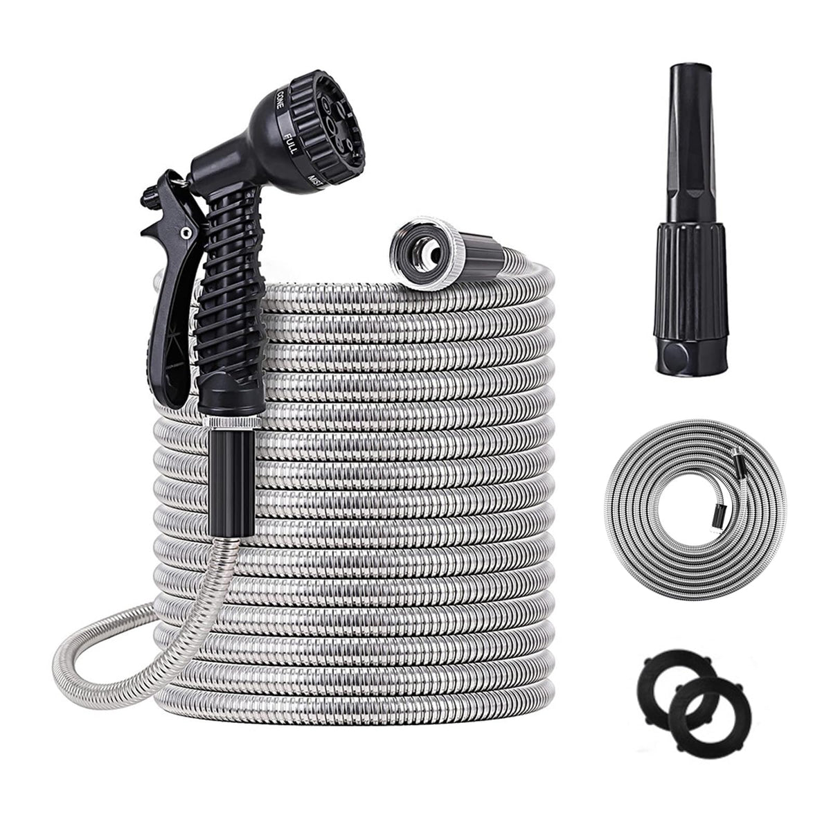 KIDYBELL 100ft metal garden hose coiled for easy storage and reach.