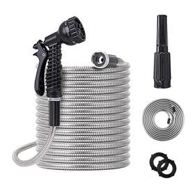 KIDYBELL 100ft metal garden hose coiled for easy storage and reach.