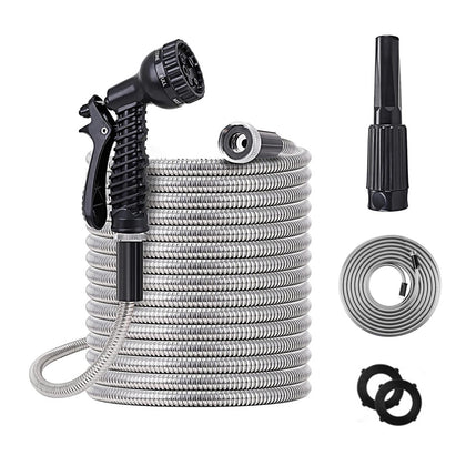 KIDYBELL 100ft metal garden hose coiled for easy storage and reach.