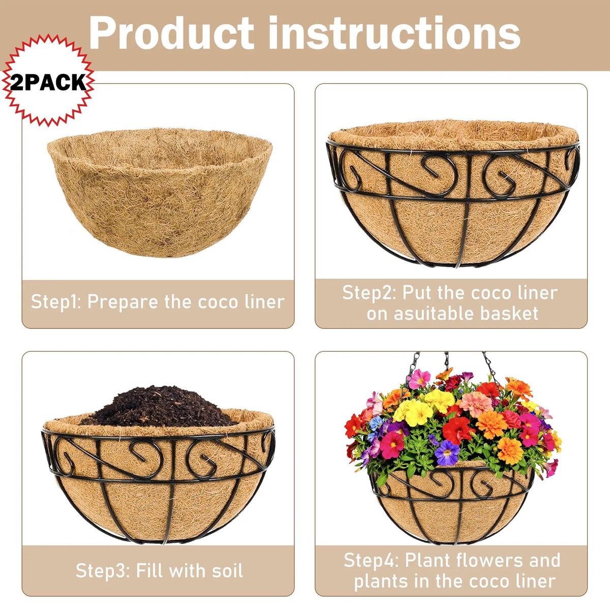 KIDYBELL outdoor hanging basket with coco liner supports soil and airflow.