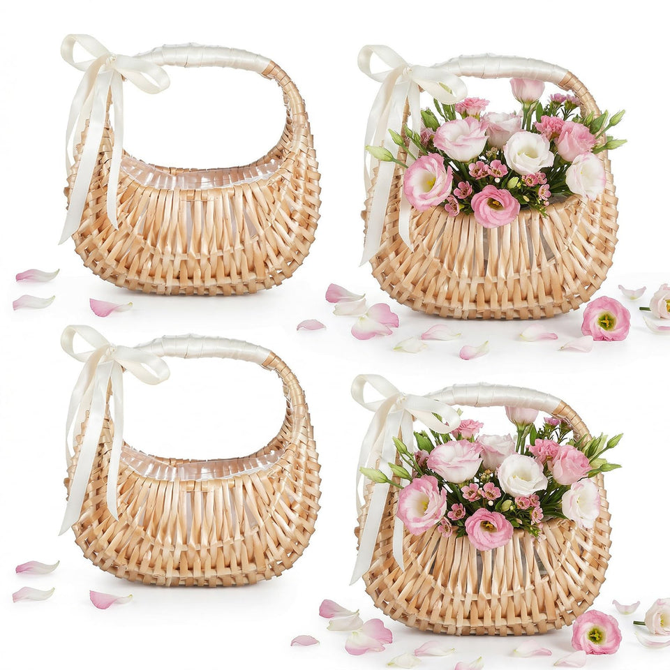 Kifmurase four-piece baskets with half-moon design and handles for wedding petals and decor.
