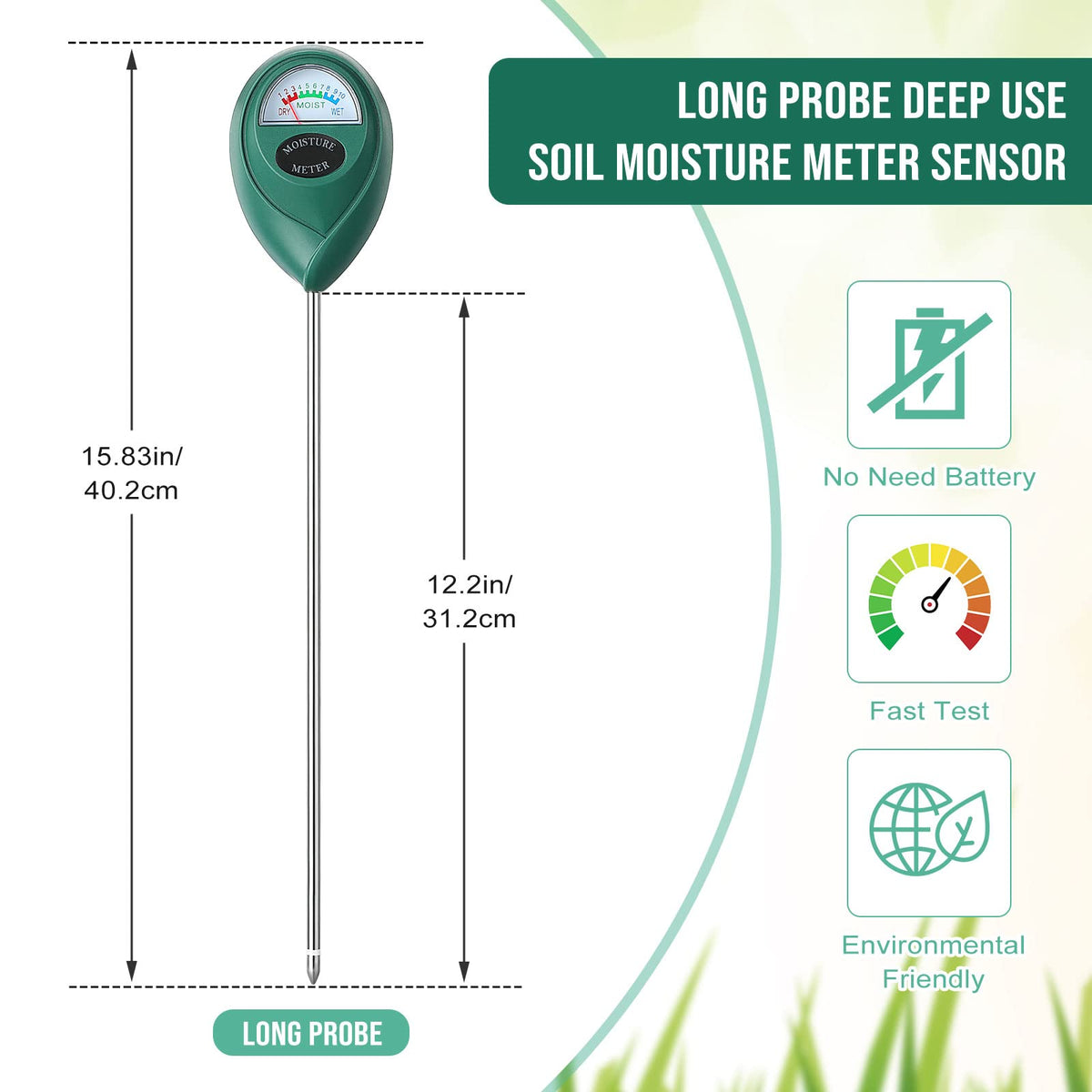Kigley green-dial plant moisture meter helps monitor soil moisture quickly.
