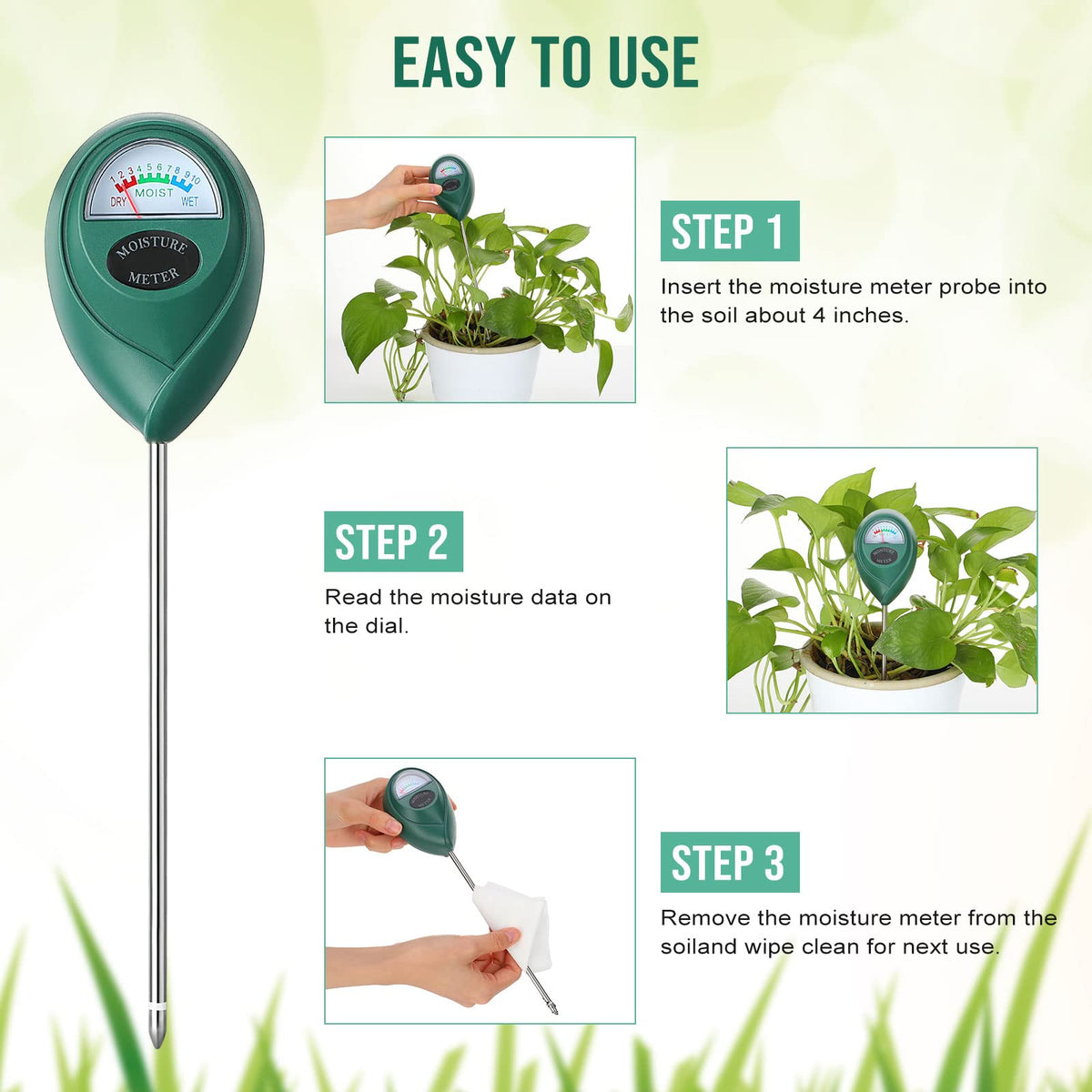Kigley no-battery plant moisture meter offers simple, low-maintenance soil testing.