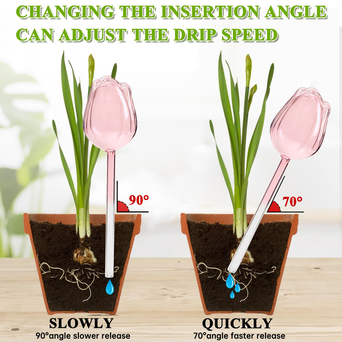 Kigotwin glass plant watering stakes pink ideal for office desk plants.