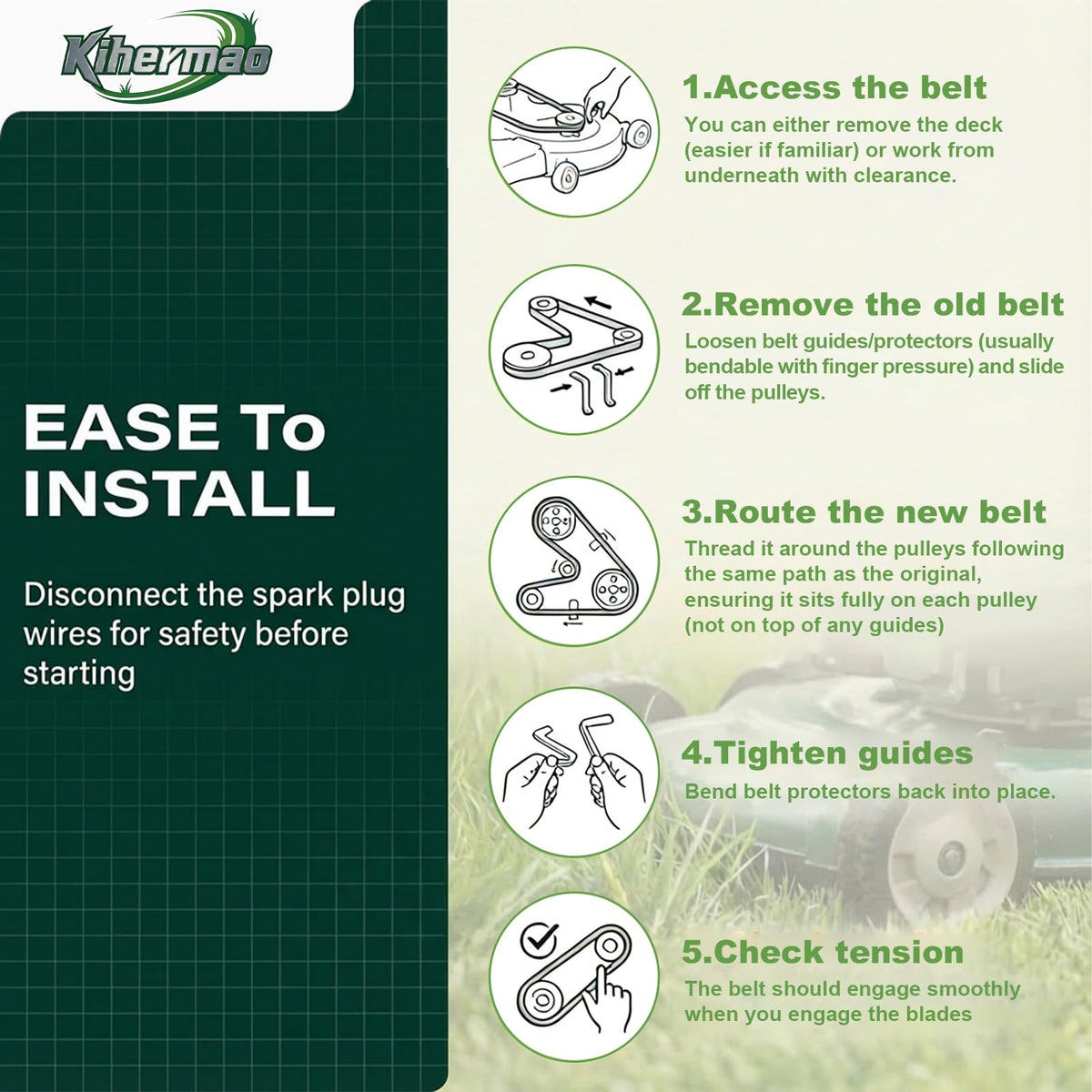 Easy-to-install belt with clear steps for quick lawn care
