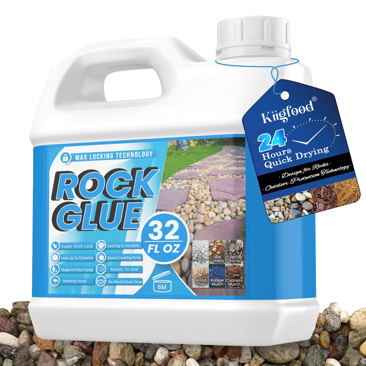 Kiigfood Rock Glue bottle pour demonstrates fast, easy application for outdoor stone projects.