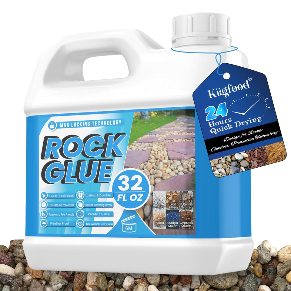 Kiigfood Rock Glue bottle pour demonstrates fast, easy application for outdoor stone projects.