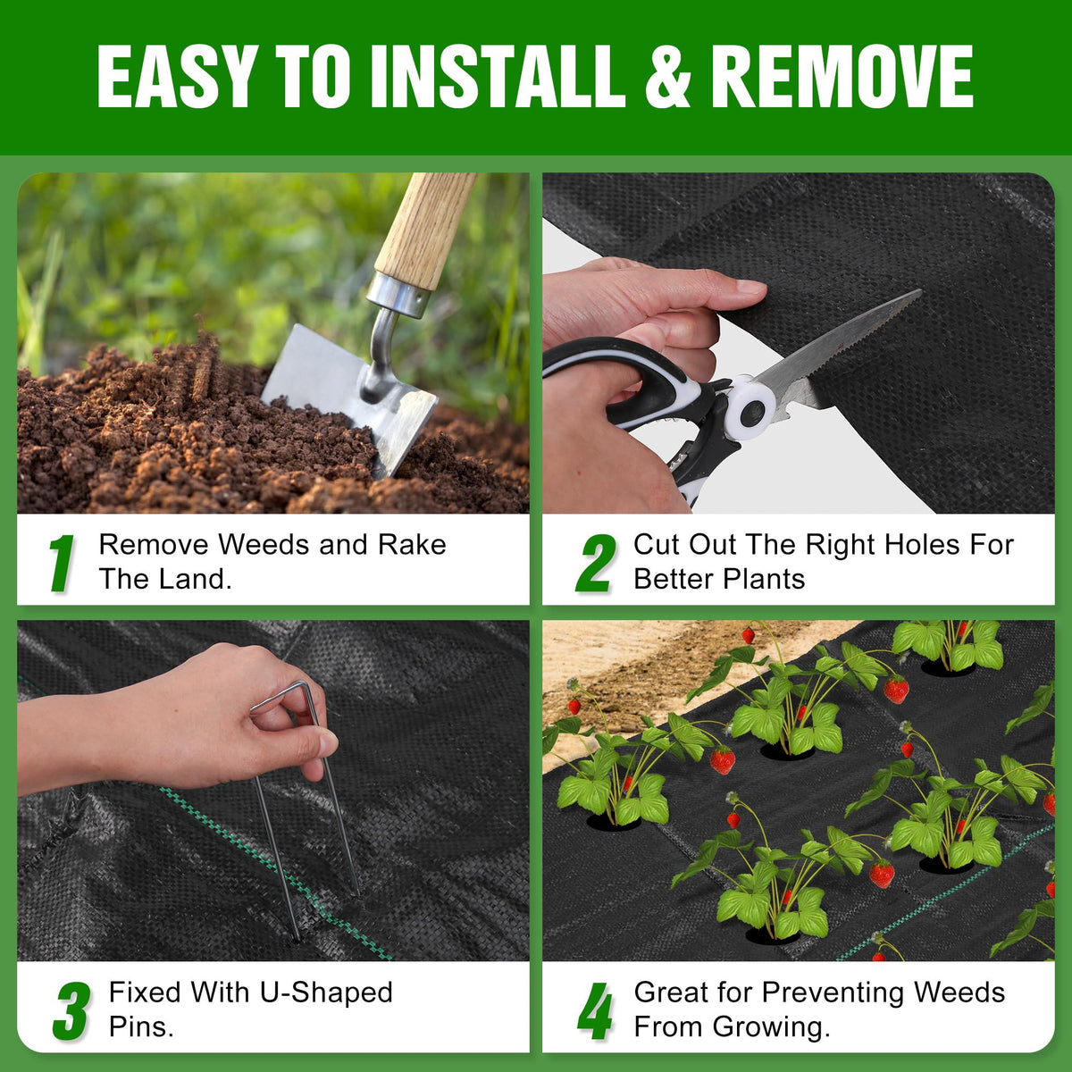 Kijamilee landscape staples securing fabric over a garden bed.