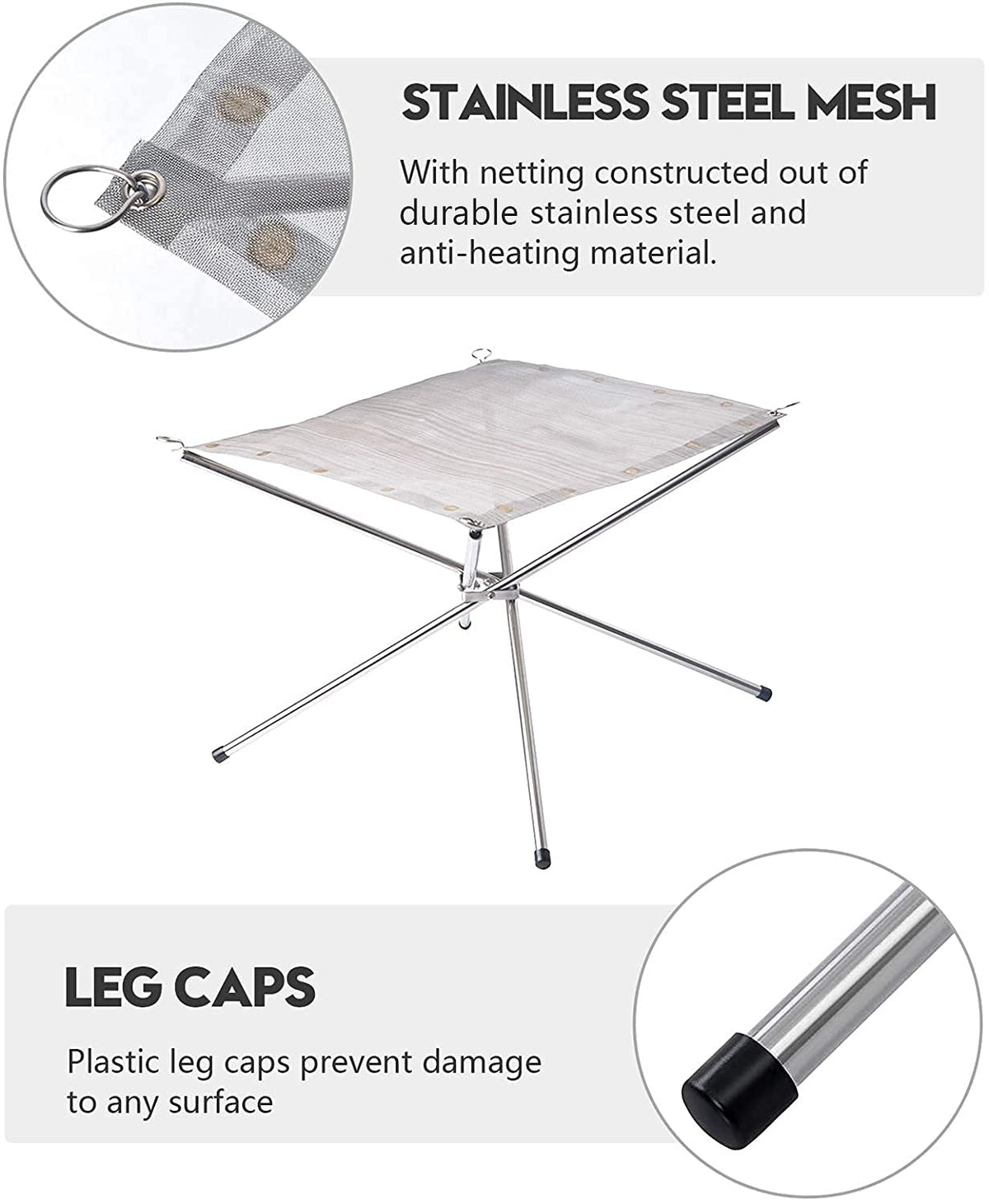 Kikerike fire pit with durable stainless steel mesh.