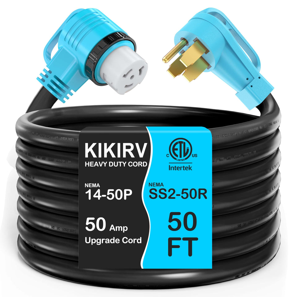 KIKIRV 50 ft cord with NEMA 14-50P to SS2-50R twist lock for RV power