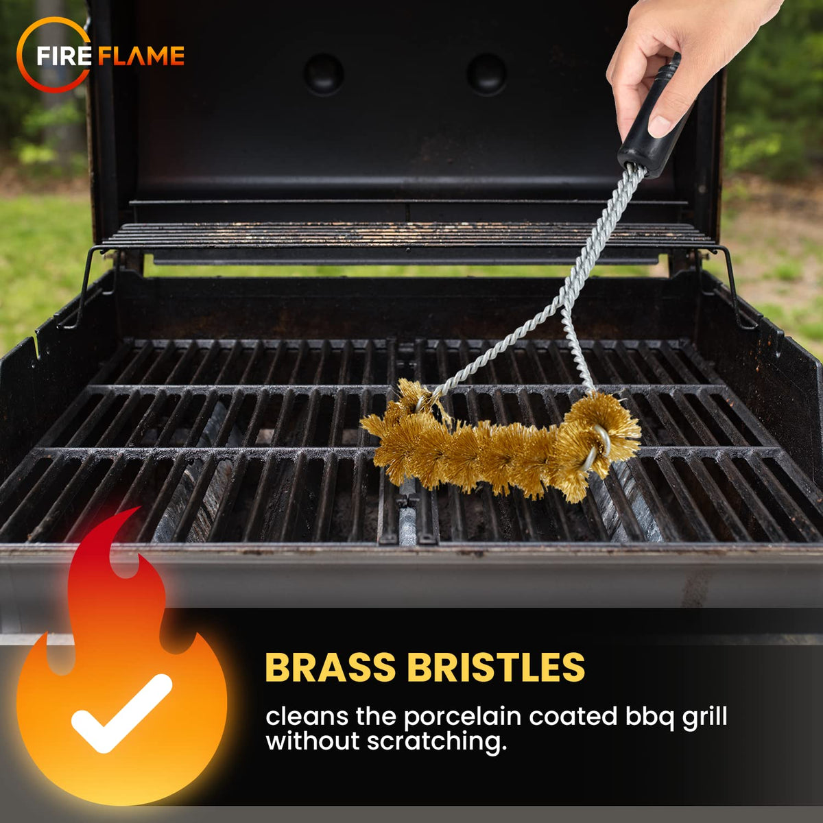 Kiknek Fireflame 16-inch handle keeps hands away from heat during cleaning.