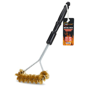 Kiknek Fireflame brush with non-scratch brass bristles safely cleans porcelain-coated grates.