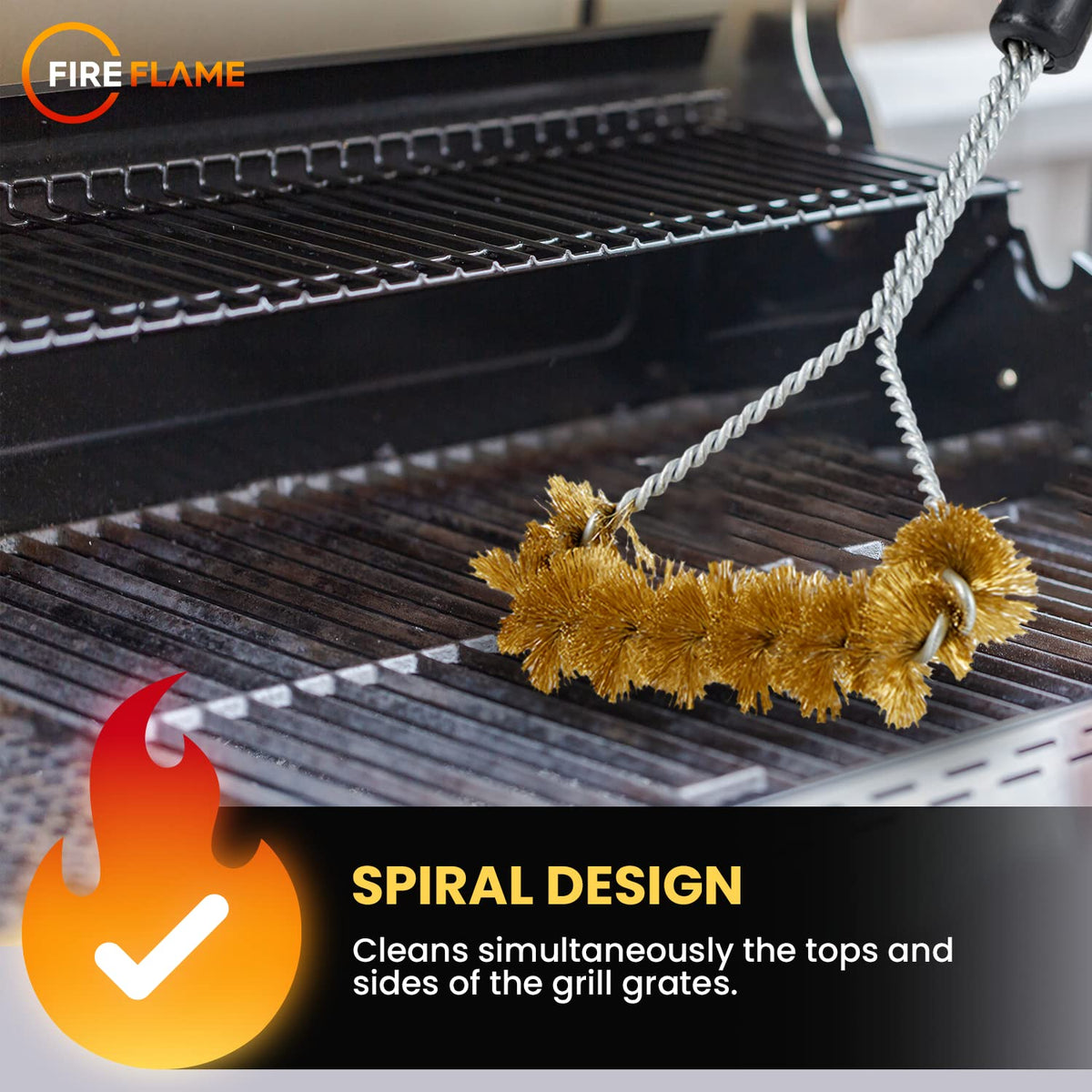 Kiknek Fireflame spiral-bristle design cleans tops and sides in one pass.