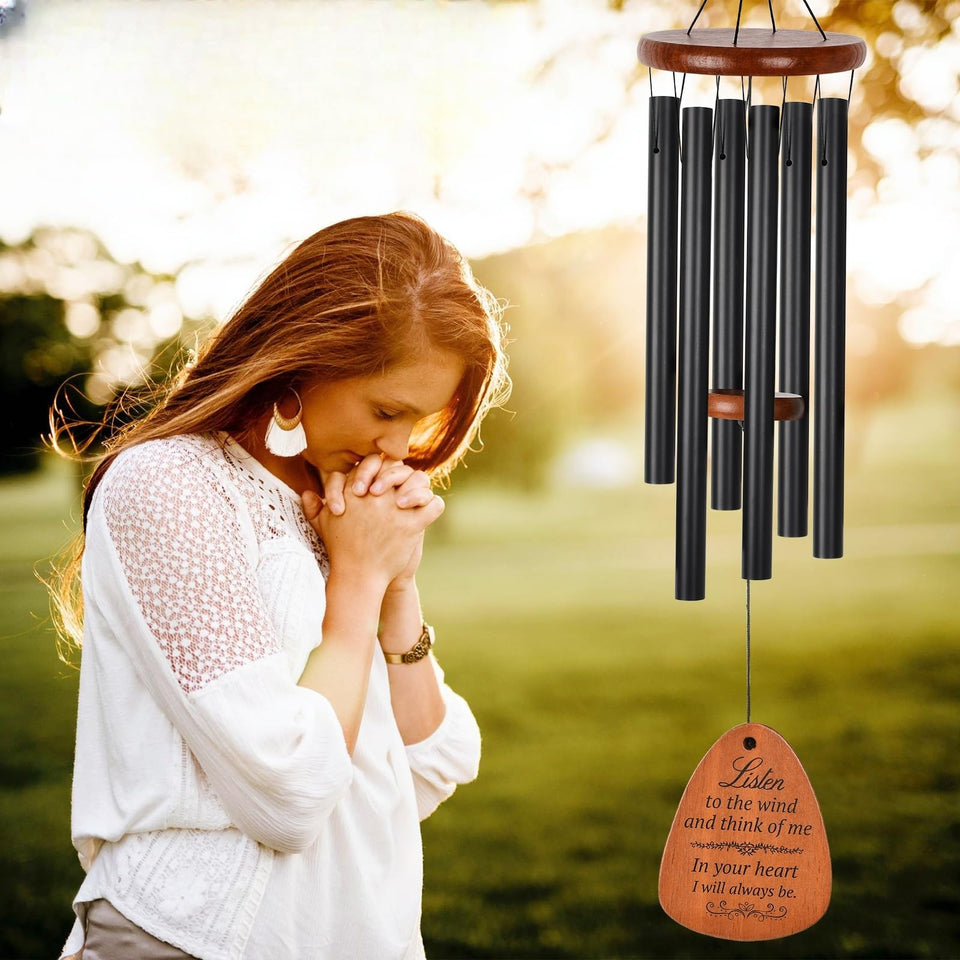 KIKUSUI memorial wind chimes 32inch black with engraved pendant for heartfelt remembrance