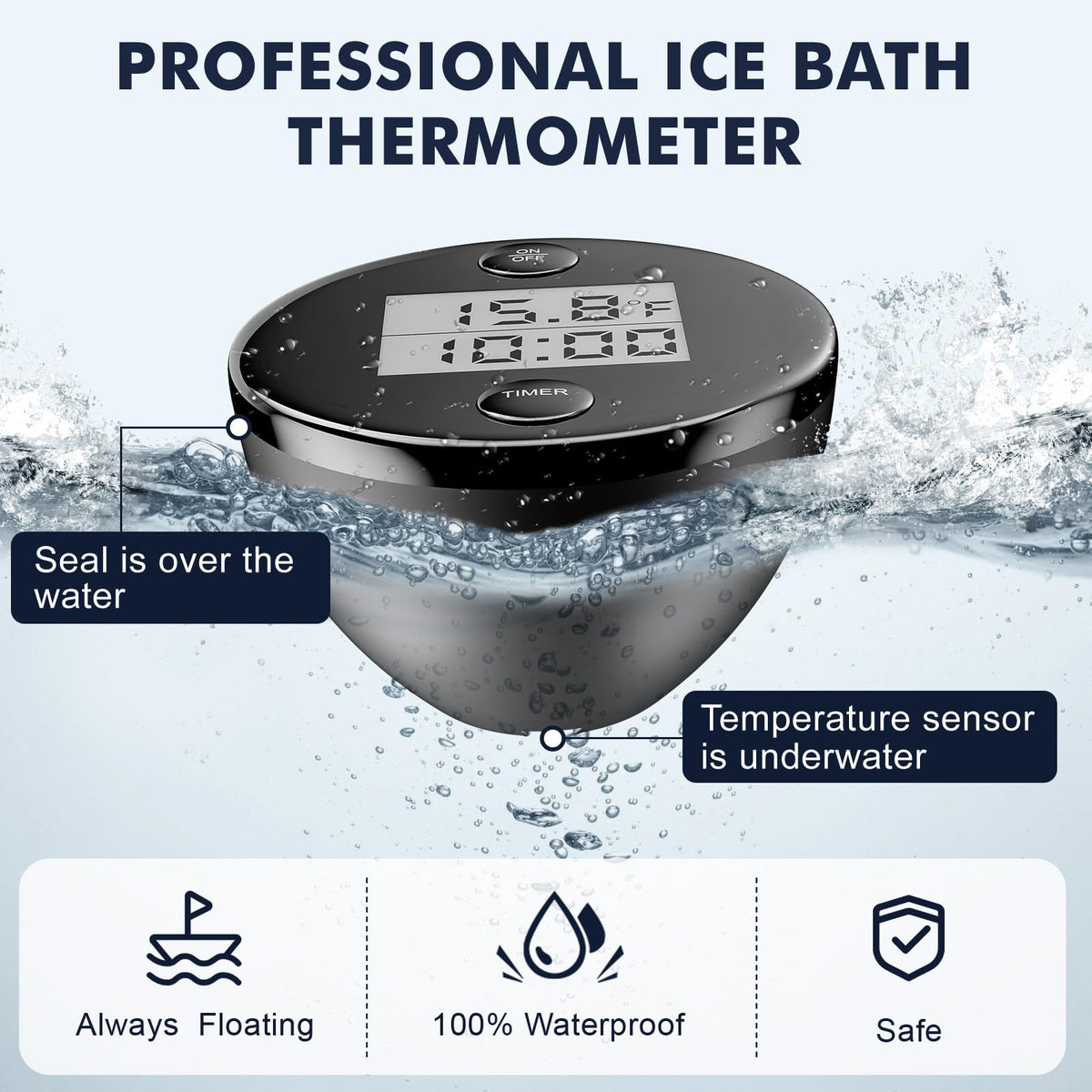 KILEEP floating thermometer timer showing IP68 ready for outdoor plunges.