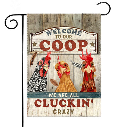 Kilyhome flag with welcoming coop message for outdoor garden display
