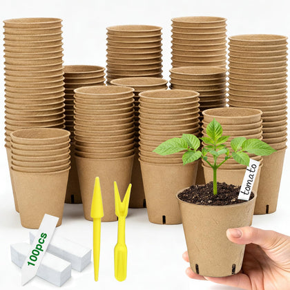 Kimdozee peat pots 150-pack for easy seed starting and transplantation.