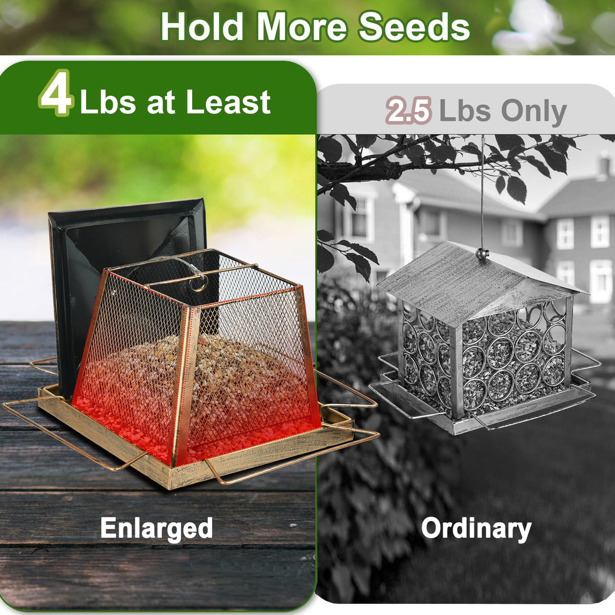 KIMERSE bird feeder drainage holes tray keeps seeds dry after rain.