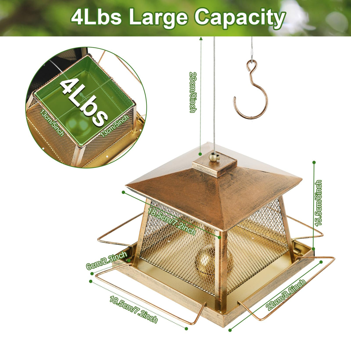 KIMERSE large bird feeder 4lb capacity ensures longer feeding between refills.