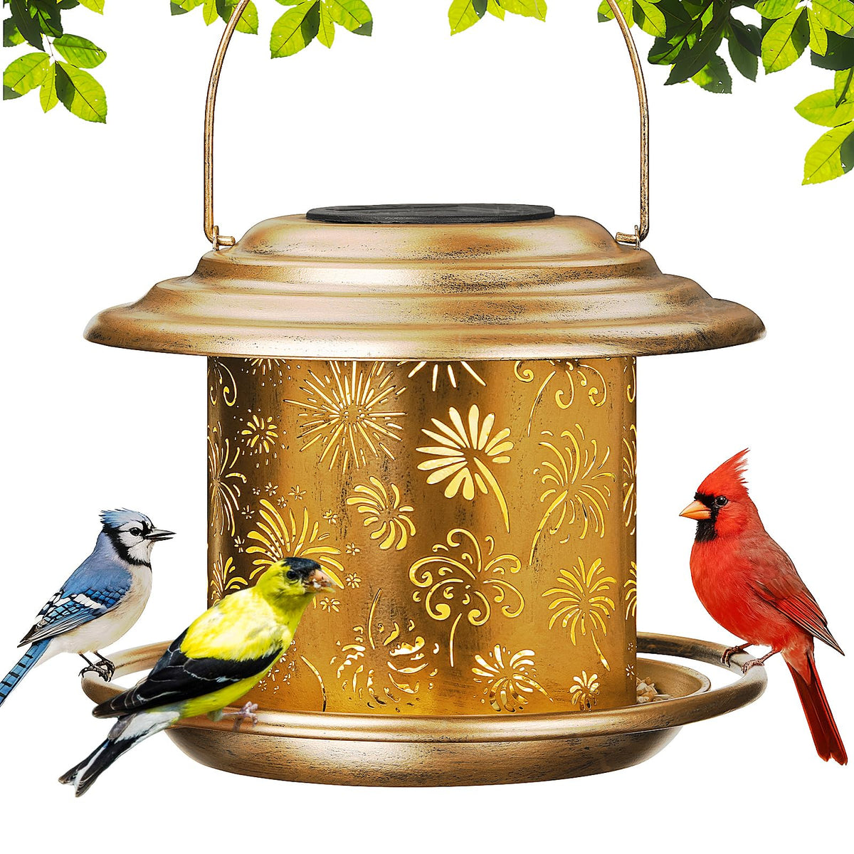 KIMERSE solar bird feeder lantern with flower pattern attracts birds and brightens outdoor spaces.
