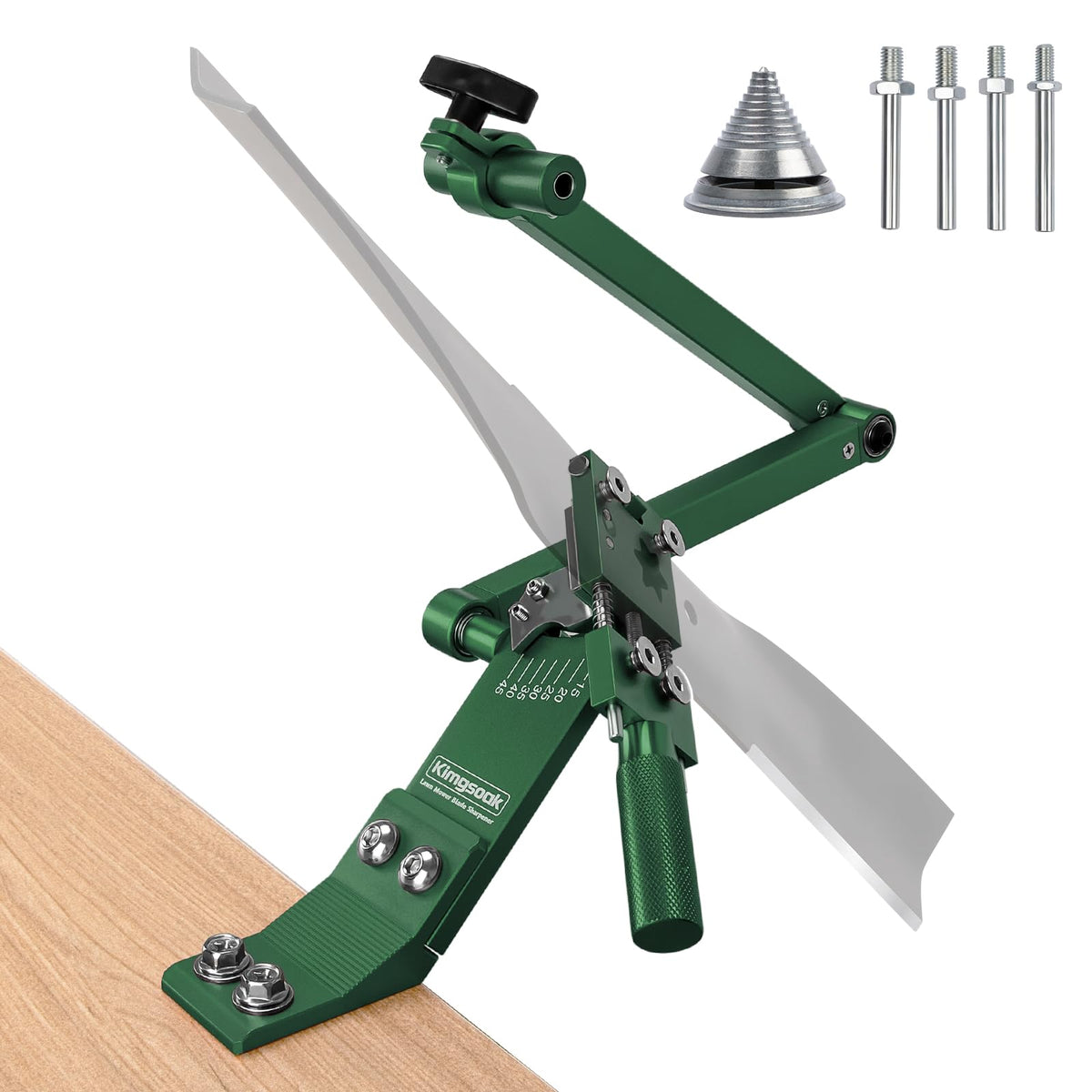 Kimgsoak lawn mower blade sharpener in use delivering a precise edge for clean cuts.
