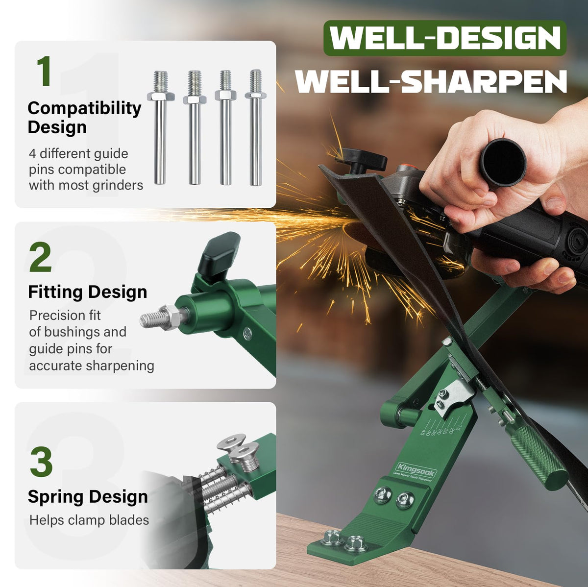 Kimgsoak wide blade compatibility showing 15°-45° adjustment range.