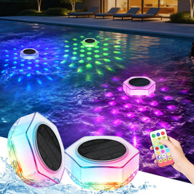 Kimjo solar floating pool light with hex crystal design adds vibrant night ambiance.