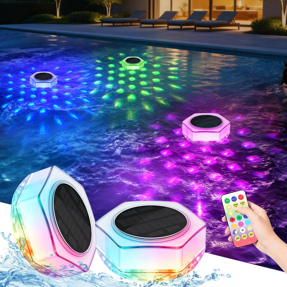 Kimjo solar floating pool light with hex crystal design adds vibrant night ambiance.