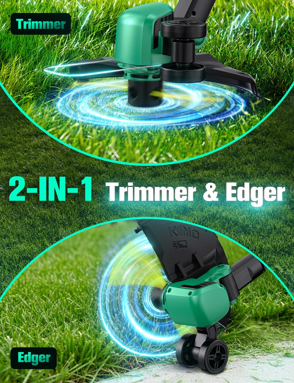 KIMO 12 inch dual side cutting swath for faster trimming.