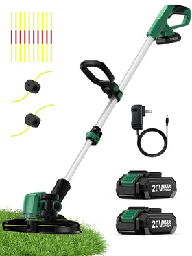 KIMO cordless weed wacker with bundled batteries for extended runtime.
