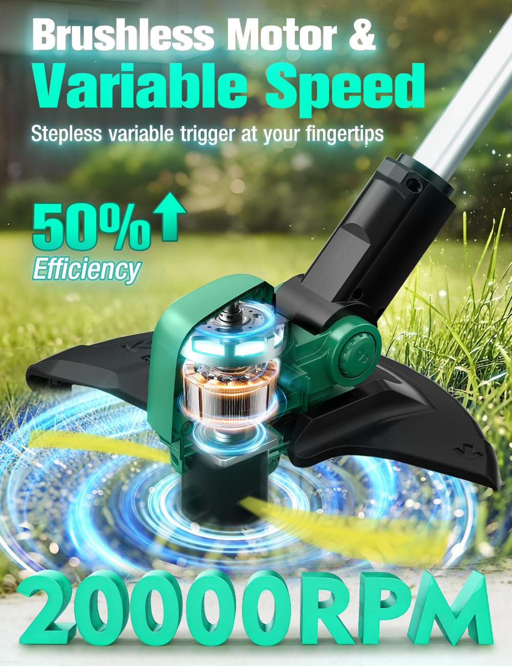 KIMO weed wacker with two 2000mAh batteries for extended runtime.