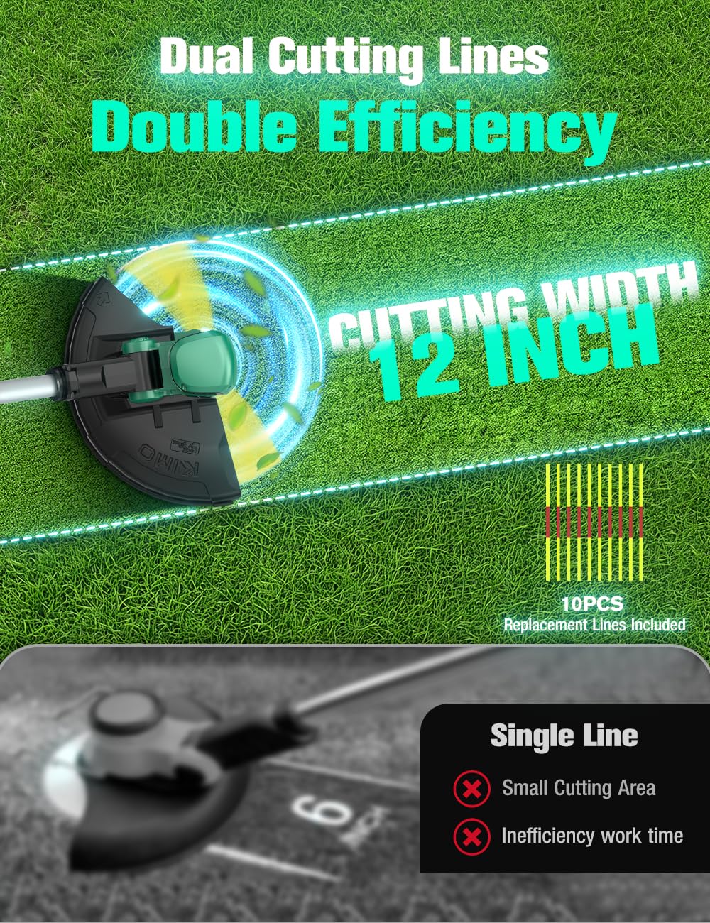 360-degree rotating head on KIMO weed wacker for easy edging and trimming.