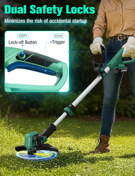 Telescoping shaft on KIMO weed wacker adjusts reach to prevent bending.
